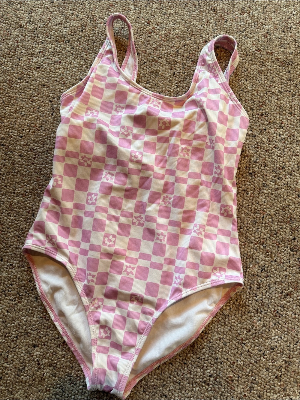 Roxy Pink and White Checkered Kids One-Piece Swimsuit